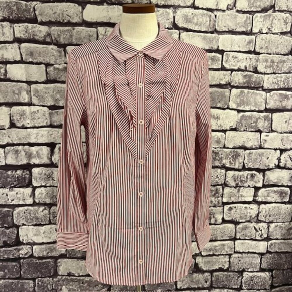 Isaac Mizrahi Live Red & White Striped Blouse W/ Ruffle Size 14 - Picture 1 of 10